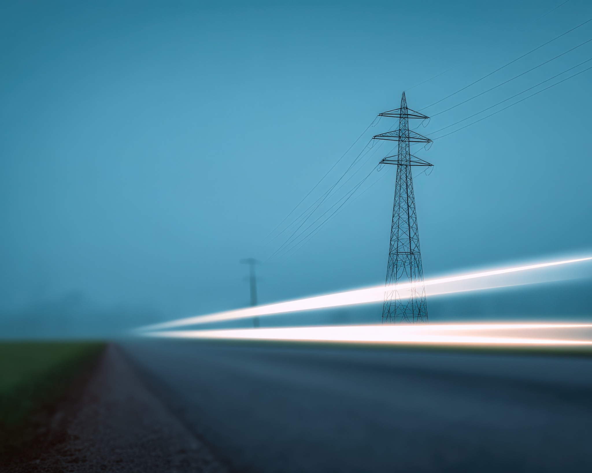 Electricity pylon and light trails at dusk