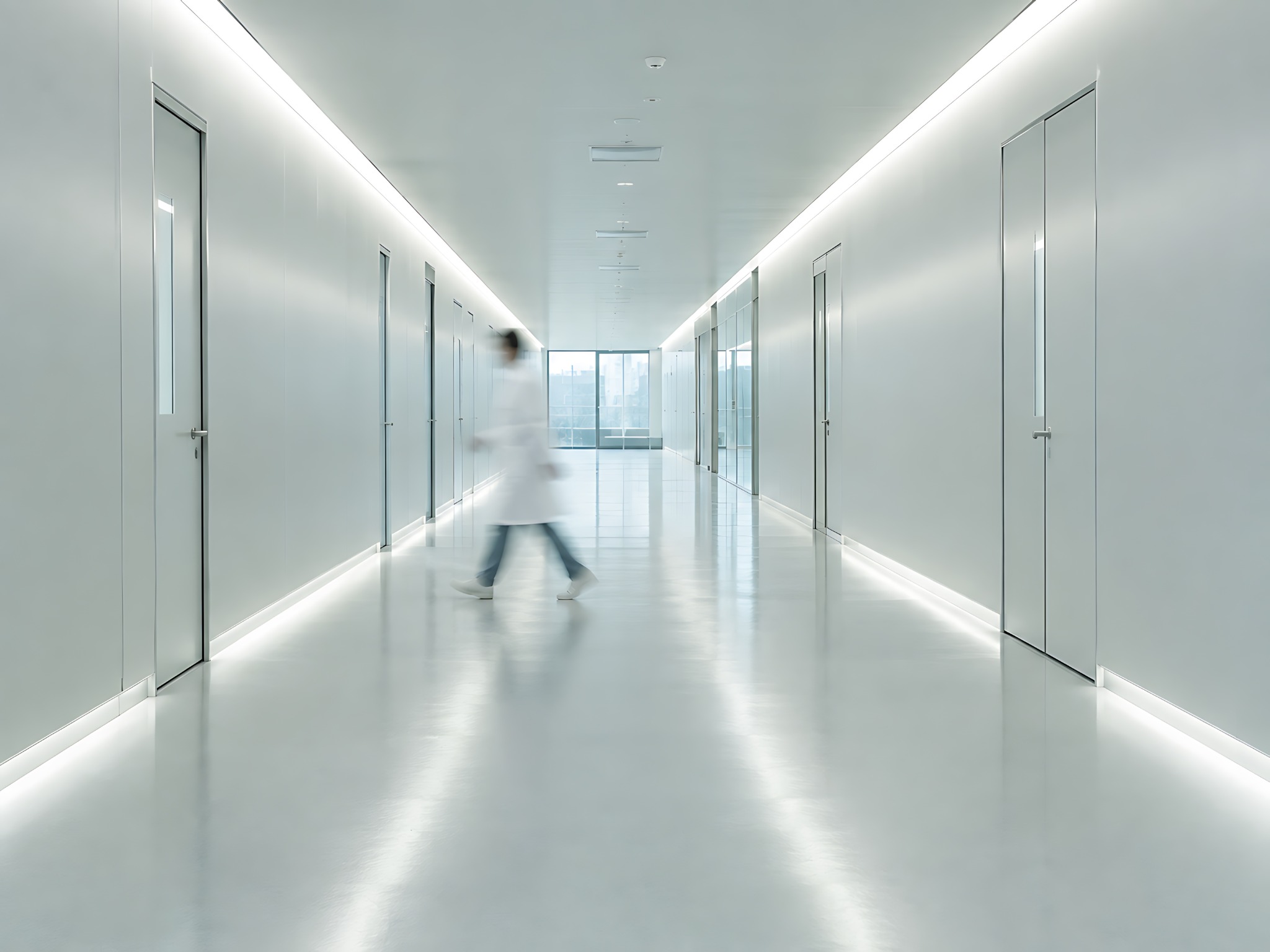 A clinician walking through a bright healthcare corridor