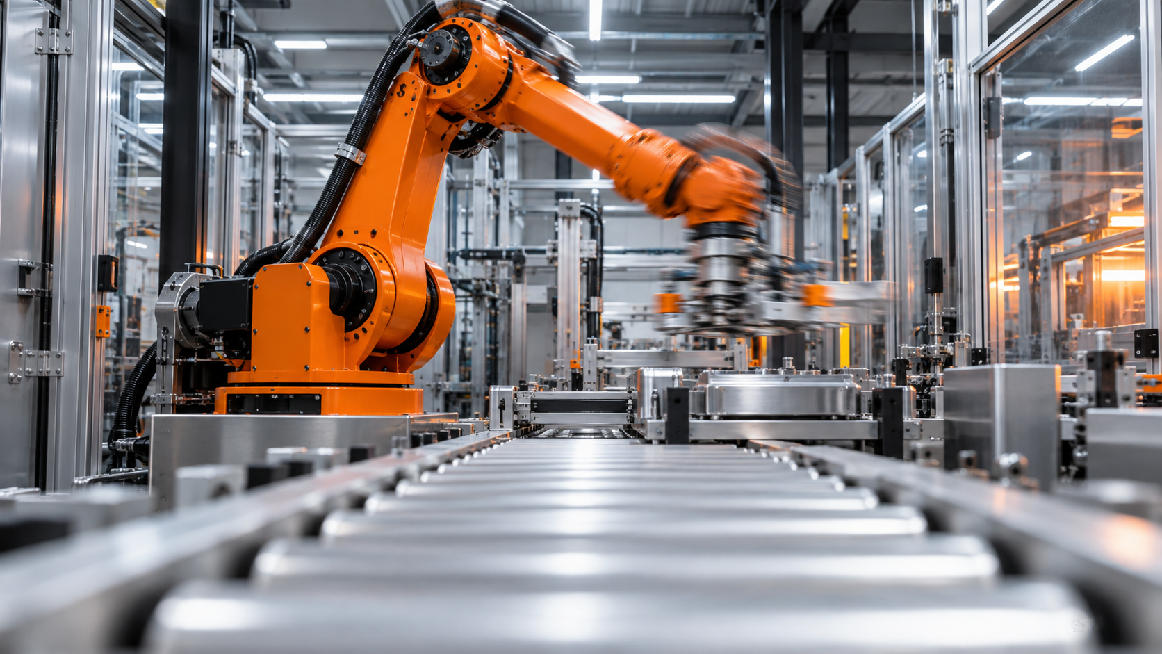 Orange industrial robotic arm operating above a conveyor